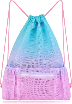 Nidoul Mesh Drawstring Bag with Zipper Pocket, Beach Bag for Swimming Gear Backpack Gym Storage Bag for Adult Kids (Pink Blue)