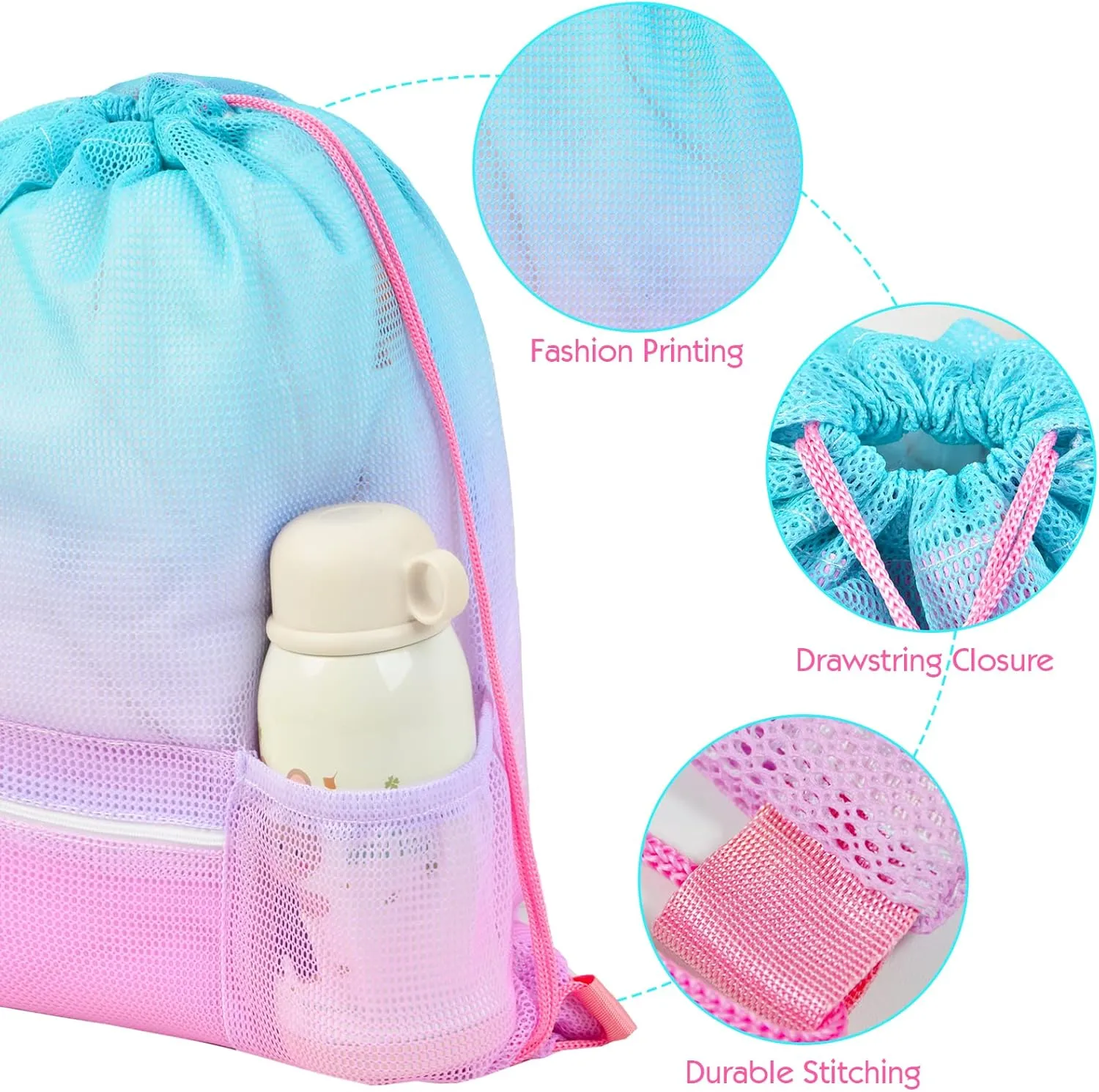 Nidoul Mesh Drawstring Bag with Zipper Pocket, Beach Bag for Swimming Gear Backpack Gym Storage Bag for Adult Kids (Pink Blue)