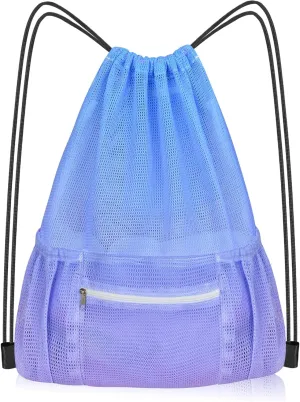 Nidoul Mesh Drawstring Bag with Zipper Pocket, Beach Bag for Swimming Gear Backpack Gym Storage Bag for Adult
