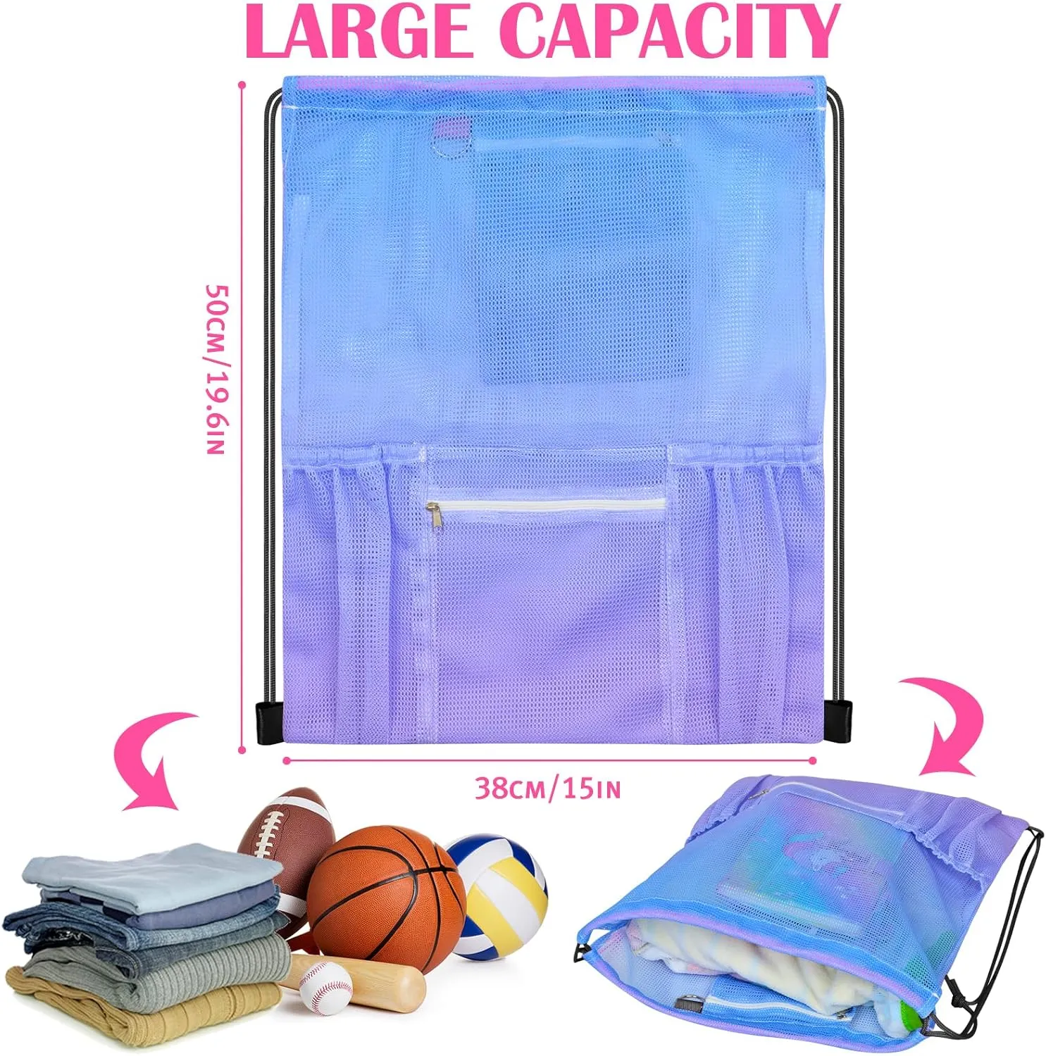 Nidoul Mesh Drawstring Bag with Zipper Pocket, Beach Bag for Swimming Gear Backpack Gym Storage Bag for Adult