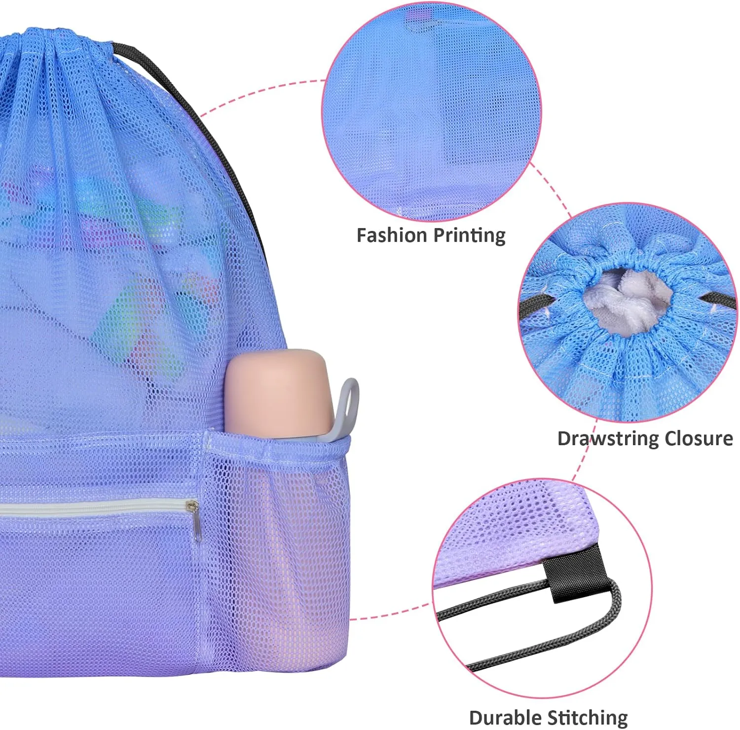 Nidoul Mesh Drawstring Bag with Zipper Pocket, Beach Bag for Swimming Gear Backpack Gym Storage Bag for Adult