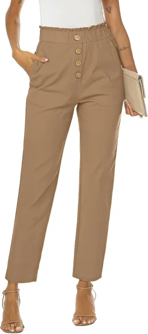 NIMIN Womens Casual Pants High Waisted Work Pants Elastic Cropped Dress Paper Bag Pants with Pockets