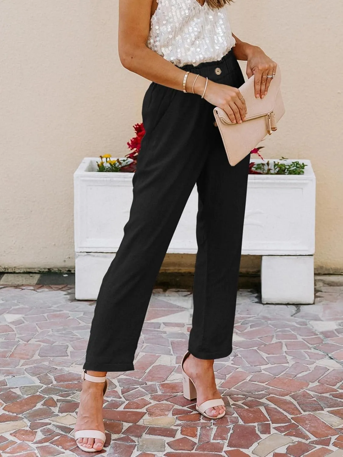 NIMIN Womens Casual Pants High Waisted Work Pants Elastic Cropped Dress Paper Bag Pants with Pockets