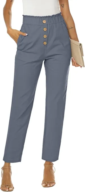 NIMIN Womens Casual Pants High Waisted Work Pants Elastic Cropped Dress Paper Bag Pants with Pockets
