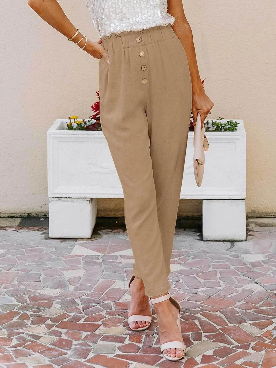 NIMIN Womens Casual Pants High Waisted Work Pants Elastic Cropped Dress Paper Bag Pants with Pockets
