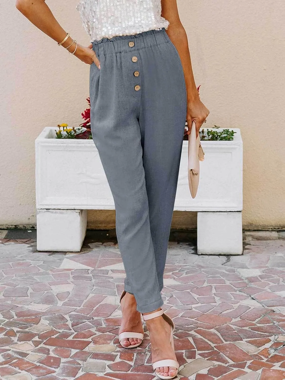 NIMIN Womens Casual Pants High Waisted Work Pants Elastic Cropped Dress Paper Bag Pants with Pockets