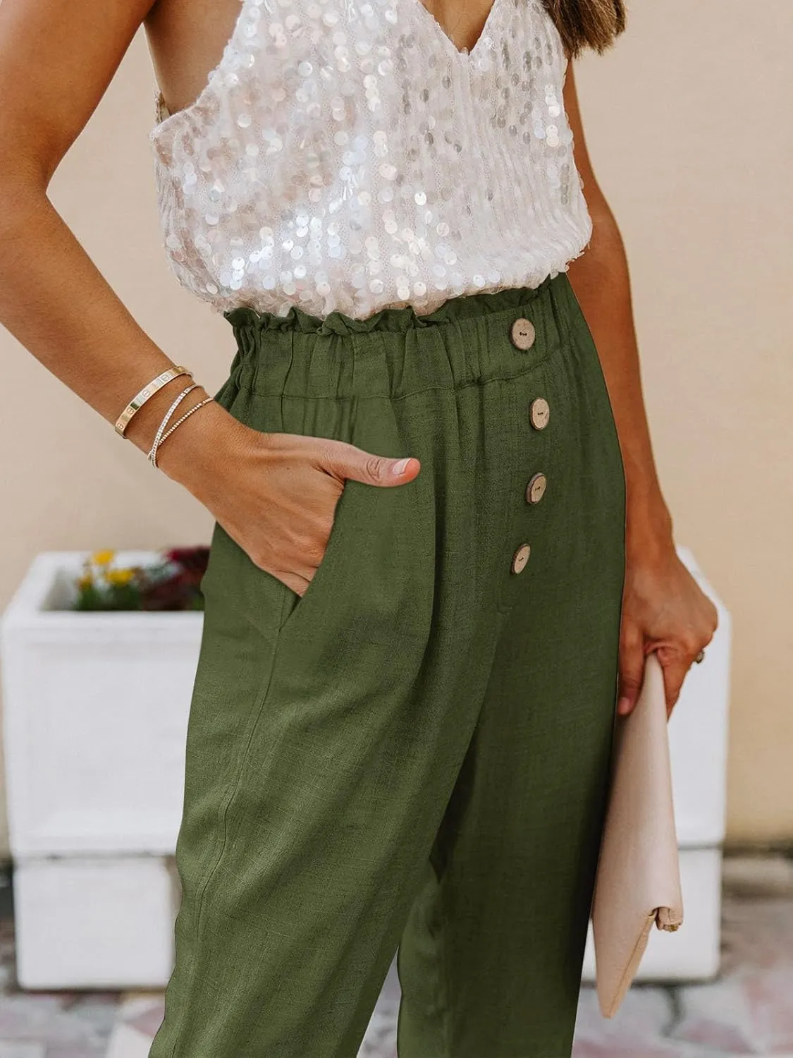 NIMIN Womens Casual Pants High Waisted Work Pants Elastic Cropped Dress Paper Bag Pants with Pockets