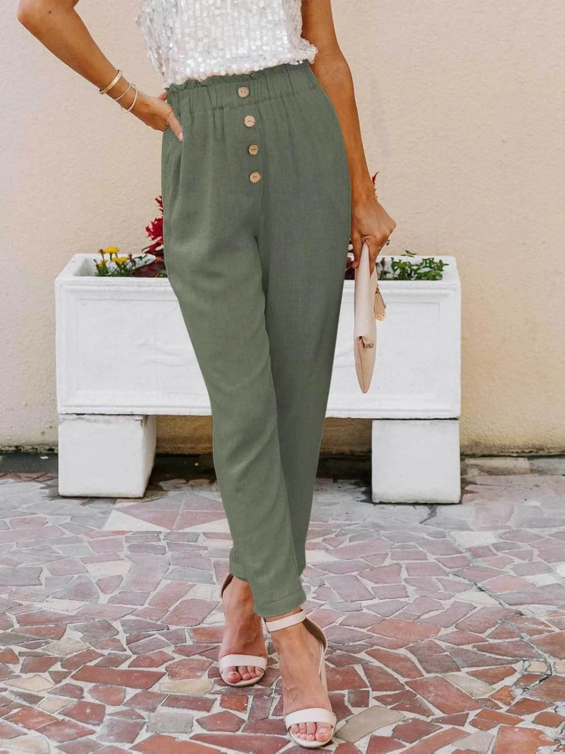 NIMIN Womens Casual Pants High Waisted Work Pants Elastic Cropped Dress Paper Bag Pants with Pockets