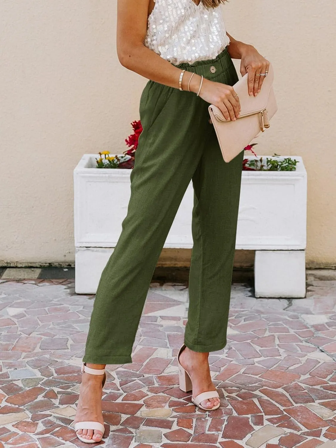 NIMIN Womens Casual Pants High Waisted Work Pants Elastic Cropped Dress Paper Bag Pants with Pockets