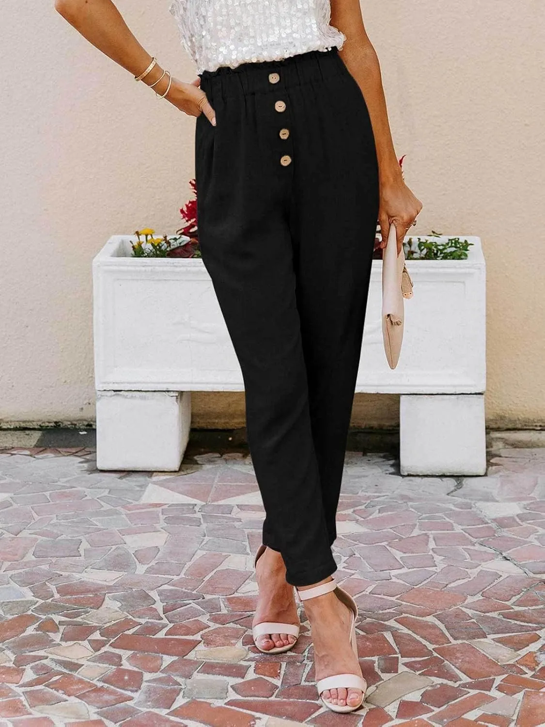 NIMIN Womens Casual Pants High Waisted Work Pants Elastic Cropped Dress Paper Bag Pants with Pockets