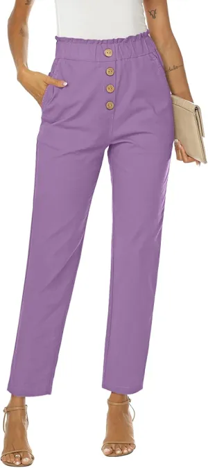 NIMIN Womens Casual Pants High Waisted Work Pants Elastic Cropped Dress Paper Bag Pants with Pockets