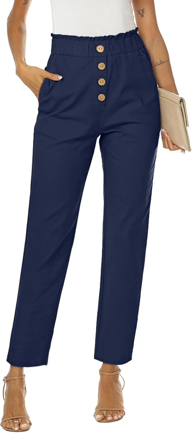 NIMIN Womens Casual Pants High Waisted Work Pants Elastic Cropped Dress Paper Bag Pants with Pockets