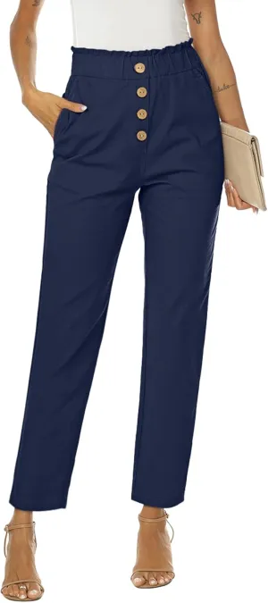 NIMIN Womens Casual Pants High Waisted Work Pants Elastic Cropped Dress Paper Bag Pants with Pockets