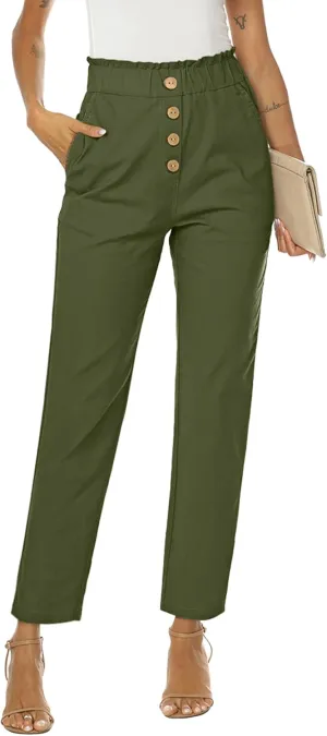 NIMIN Womens Casual Pants High Waisted Work Pants Elastic Cropped Dress Paper Bag Pants with Pockets