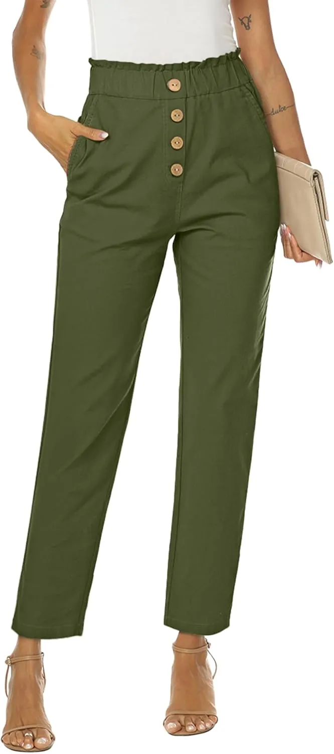 NIMIN Womens Casual Pants High Waisted Work Pants Elastic Cropped Dress Paper Bag Pants with Pockets
