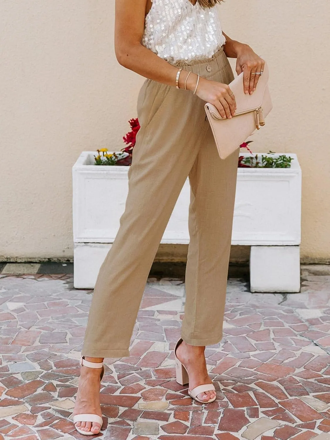NIMIN Womens Casual Pants High Waisted Work Pants Elastic Cropped Dress Paper Bag Pants with Pockets