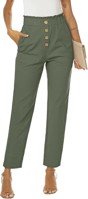 NIMIN Womens Casual Pants High Waisted Work Pants Elastic Cropped Dress Paper Bag Pants with Pockets