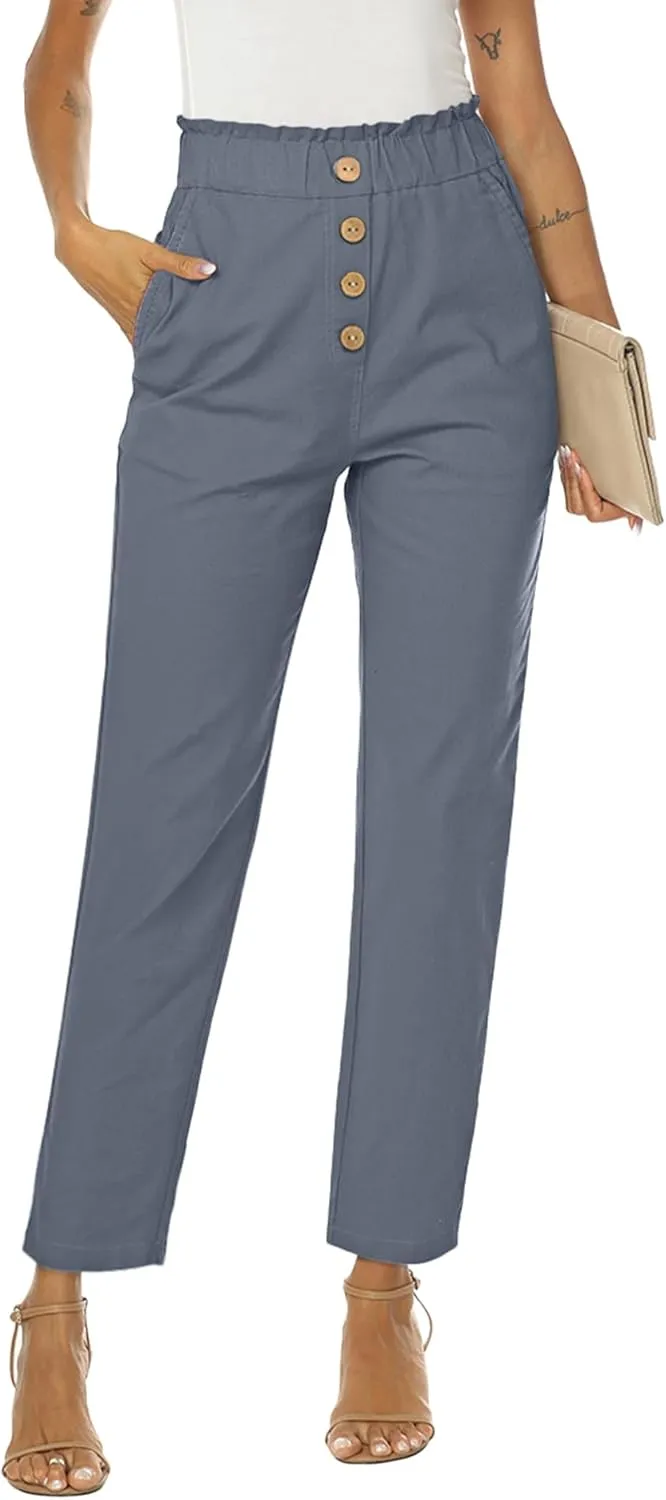 NIMIN Womens Casual Pants High Waisted Work Pants Elastic Cropped Dress Paper Bag Pants with Pockets