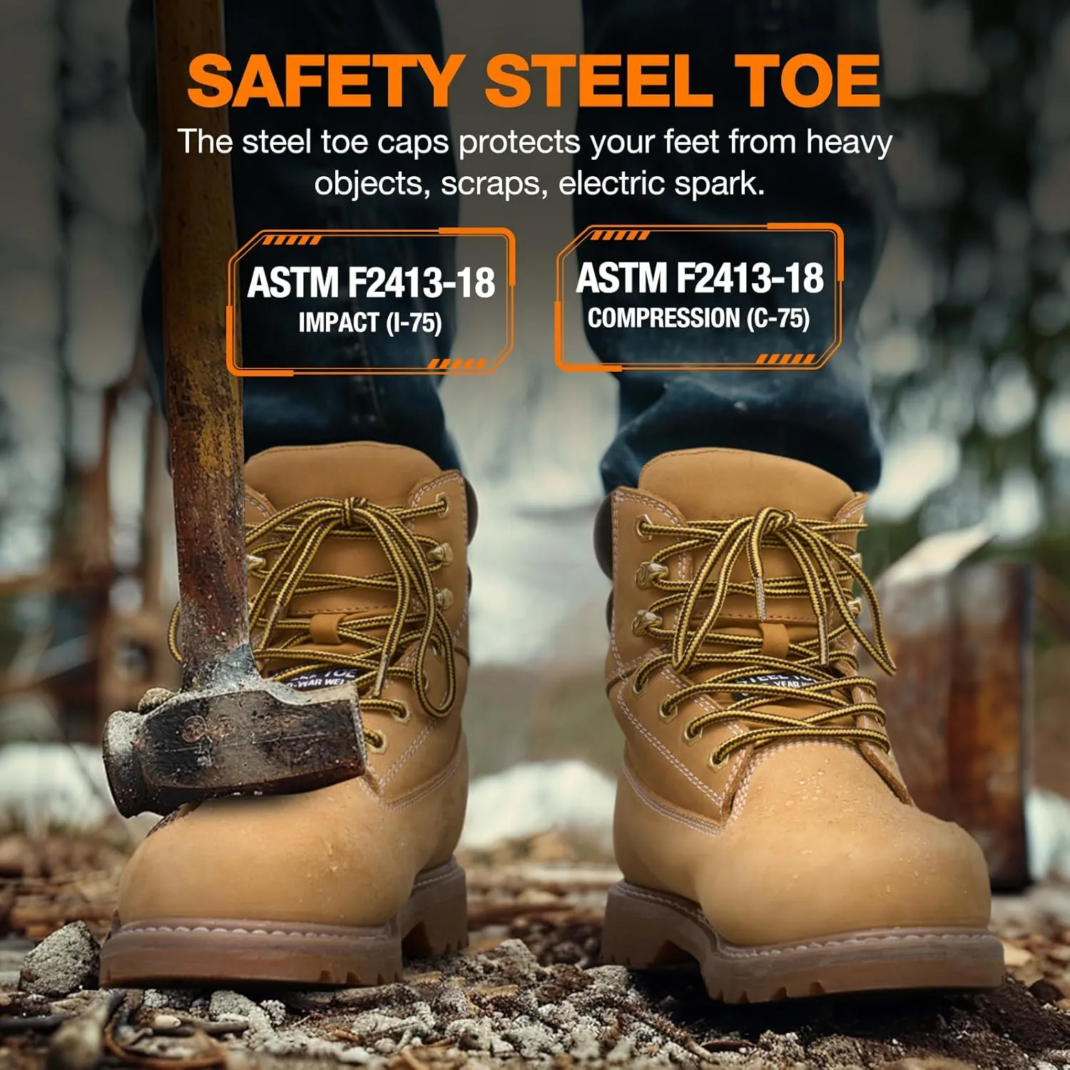 NINGO Steel Toe Work Boots for Men, Waterproof Comfortable Leather Industrial & Construction Boots, Oil & Slip Resistance Safety Shoes with EH Protection, for Outdoor Factories Warehouses Farms