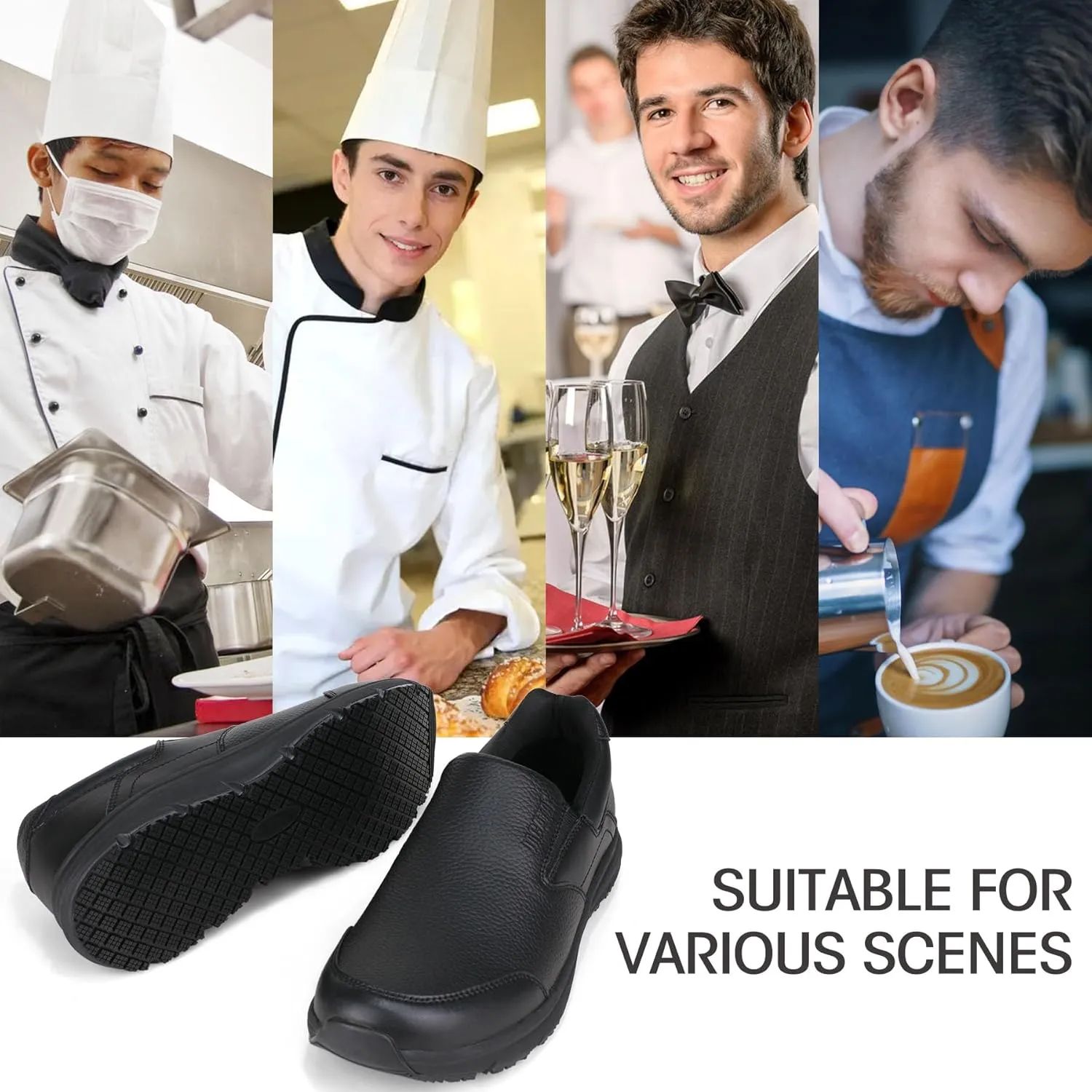 Non Slip Work Shoes for Men, Water Resistant Leather Mens Food Service Chef Shoes, Slip on Restaurant Kitchen Sneakers