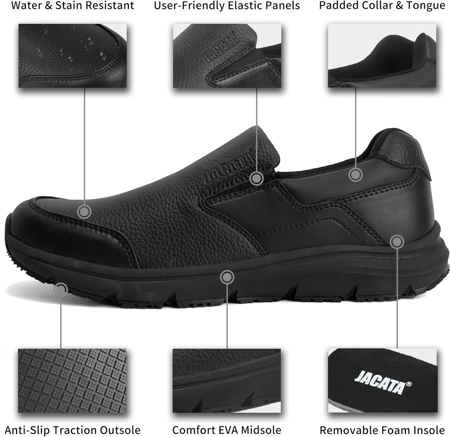 Non Slip Work Shoes for Men, Water Resistant Leather Mens Food Service Chef Shoes, Slip on Restaurant Kitchen Sneakers