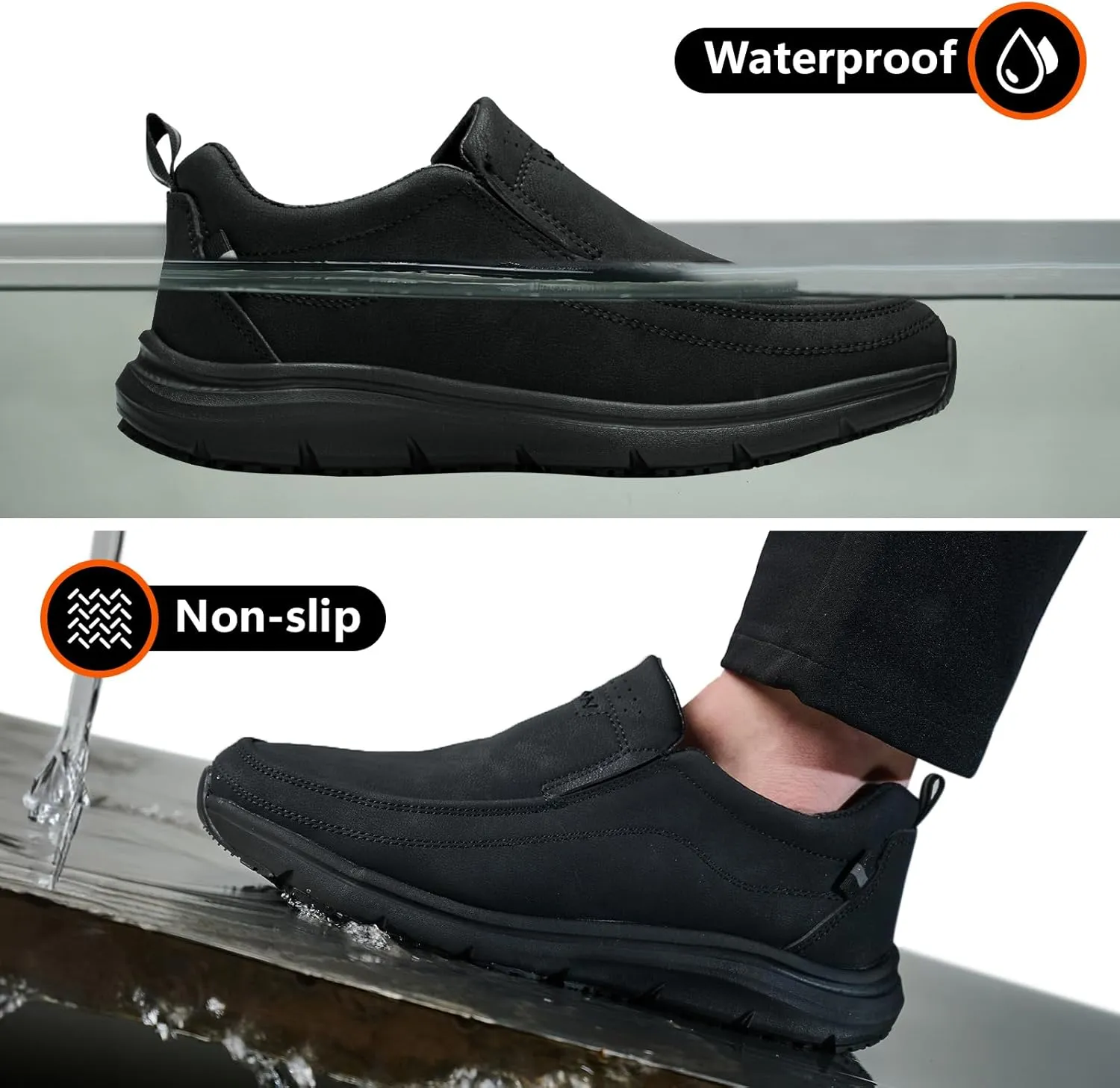 Non Slip Work Shoes for Men Women Waterproof Slip Resistant Chef Kitchen Restaurant Food Service Nursing Slip on Leather Loafers Lightweight Walking Sneakers