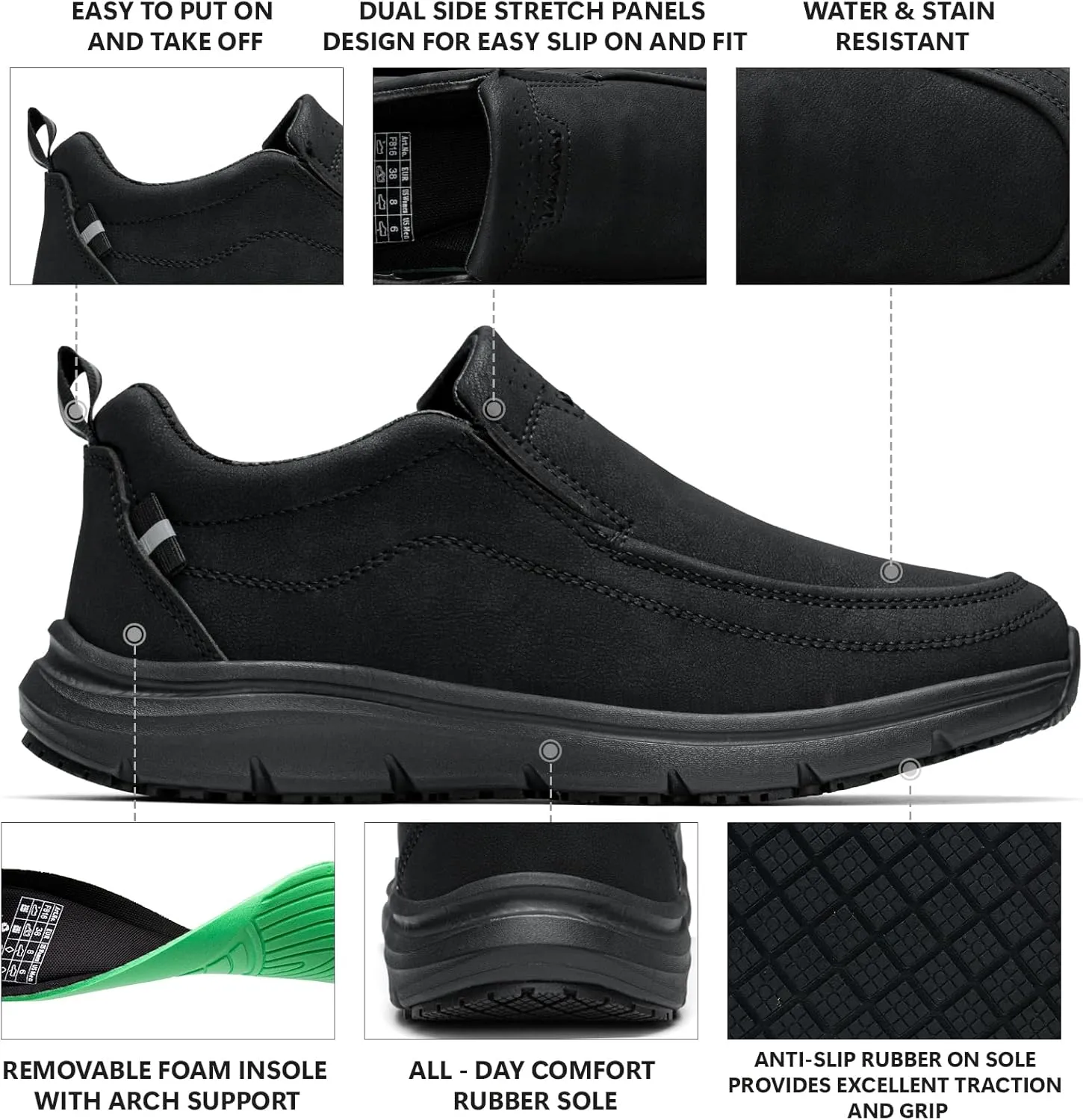 Non Slip Work Shoes for Men Women Waterproof Slip Resistant Chef Kitchen Restaurant Food Service Nursing Slip on Leather Loafers Lightweight Walking Sneakers