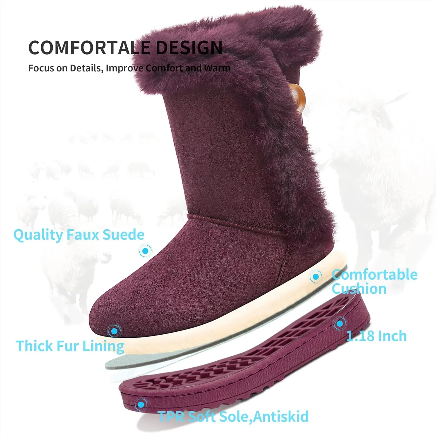 Obtaom Women’s winter snow boots Short Mid Calf fashion boot Art Resin button Faux Suede boots for women
