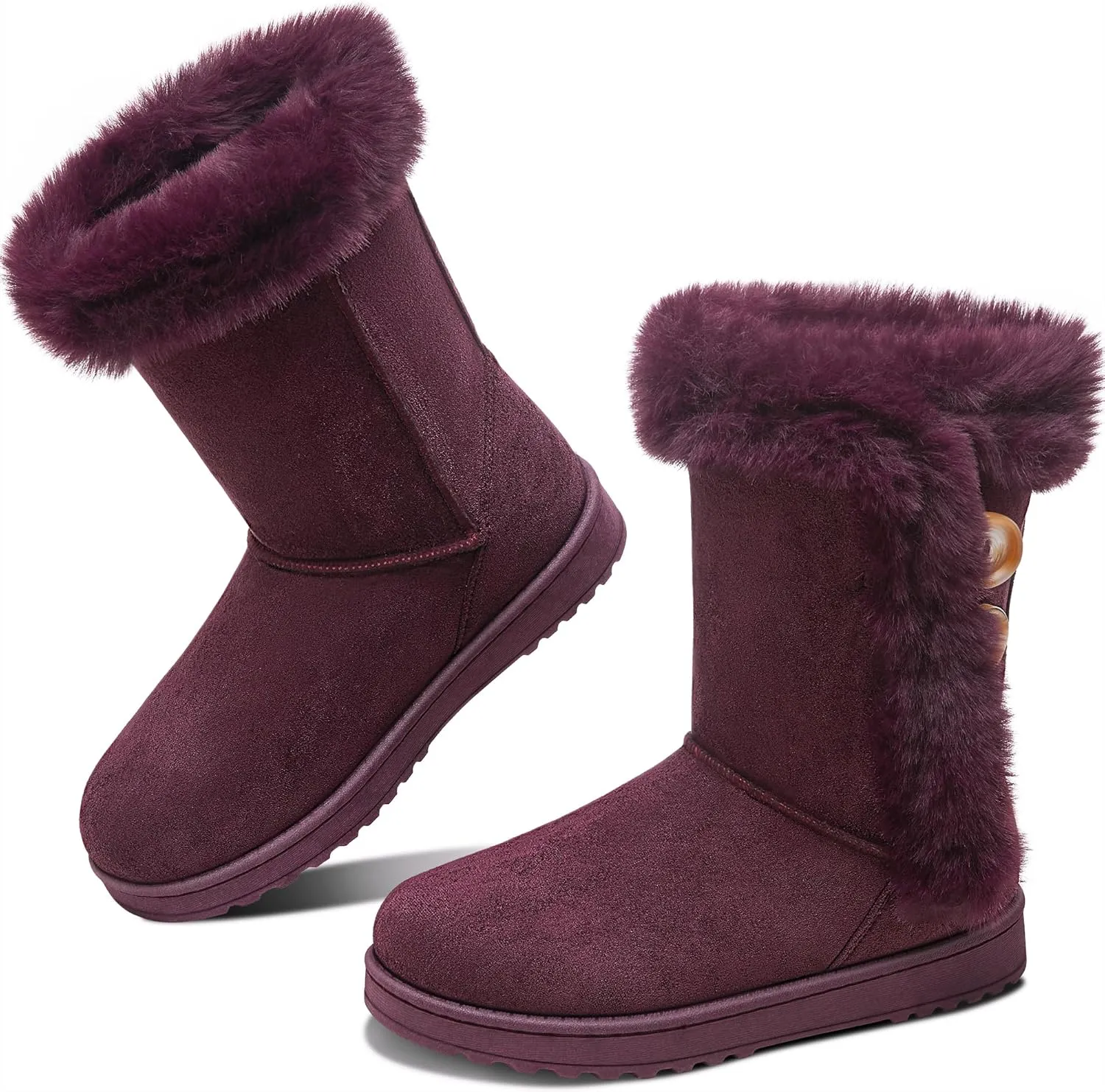 Obtaom Women’s winter snow boots Short Mid Calf fashion boot Art Resin button Faux Suede boots for women