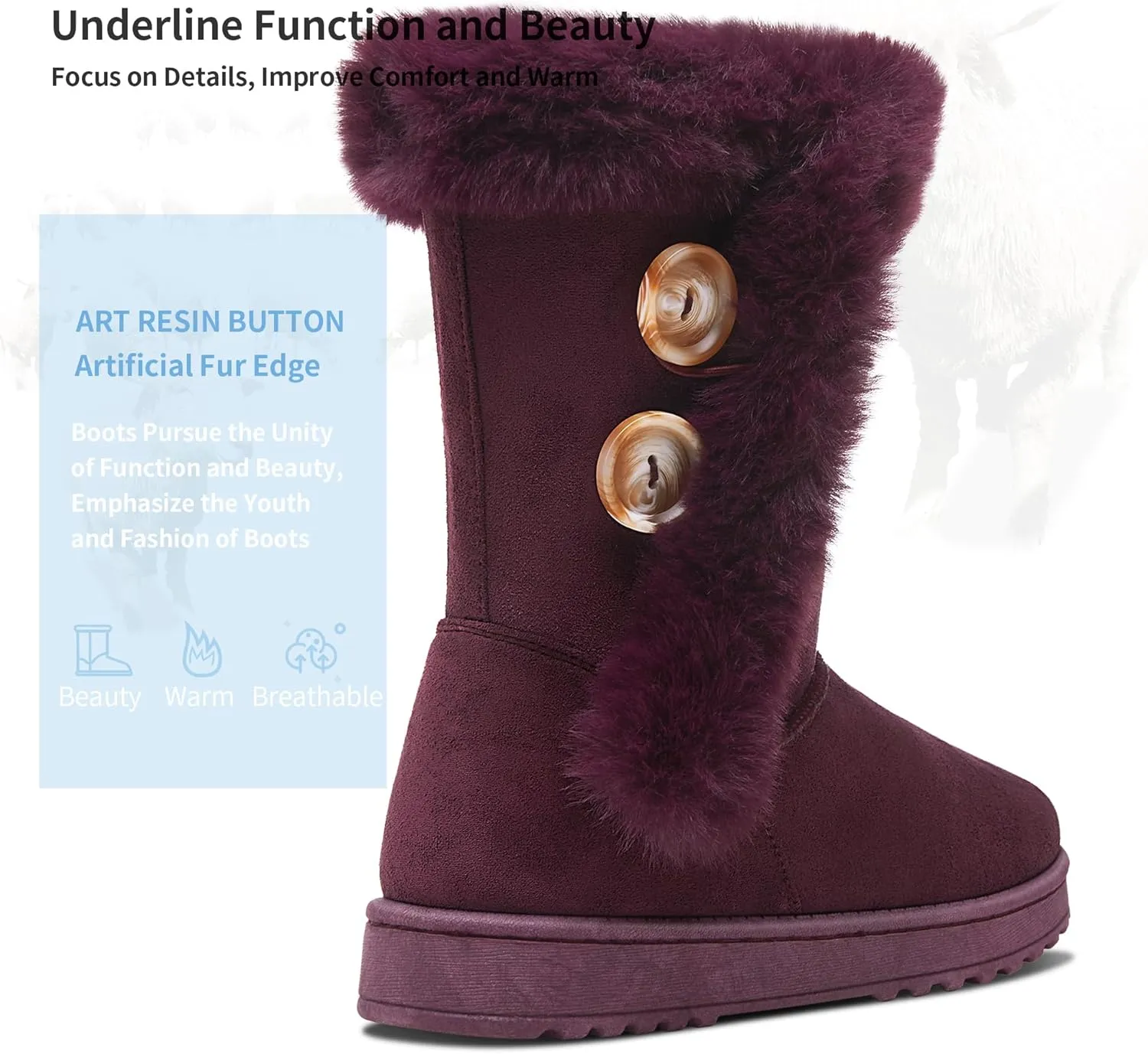 Obtaom Women’s winter snow boots Short Mid Calf fashion boot Art Resin button Faux Suede boots for women