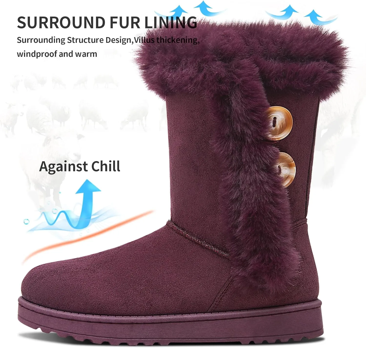 Obtaom Women’s winter snow boots Short Mid Calf fashion boot Art Resin button Faux Suede boots for women