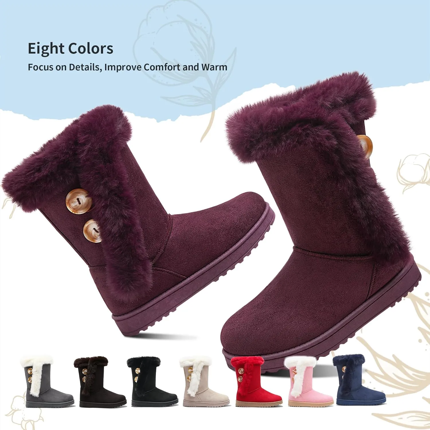 Obtaom Women’s winter snow boots Short Mid Calf fashion boot Art Resin button Faux Suede boots for women