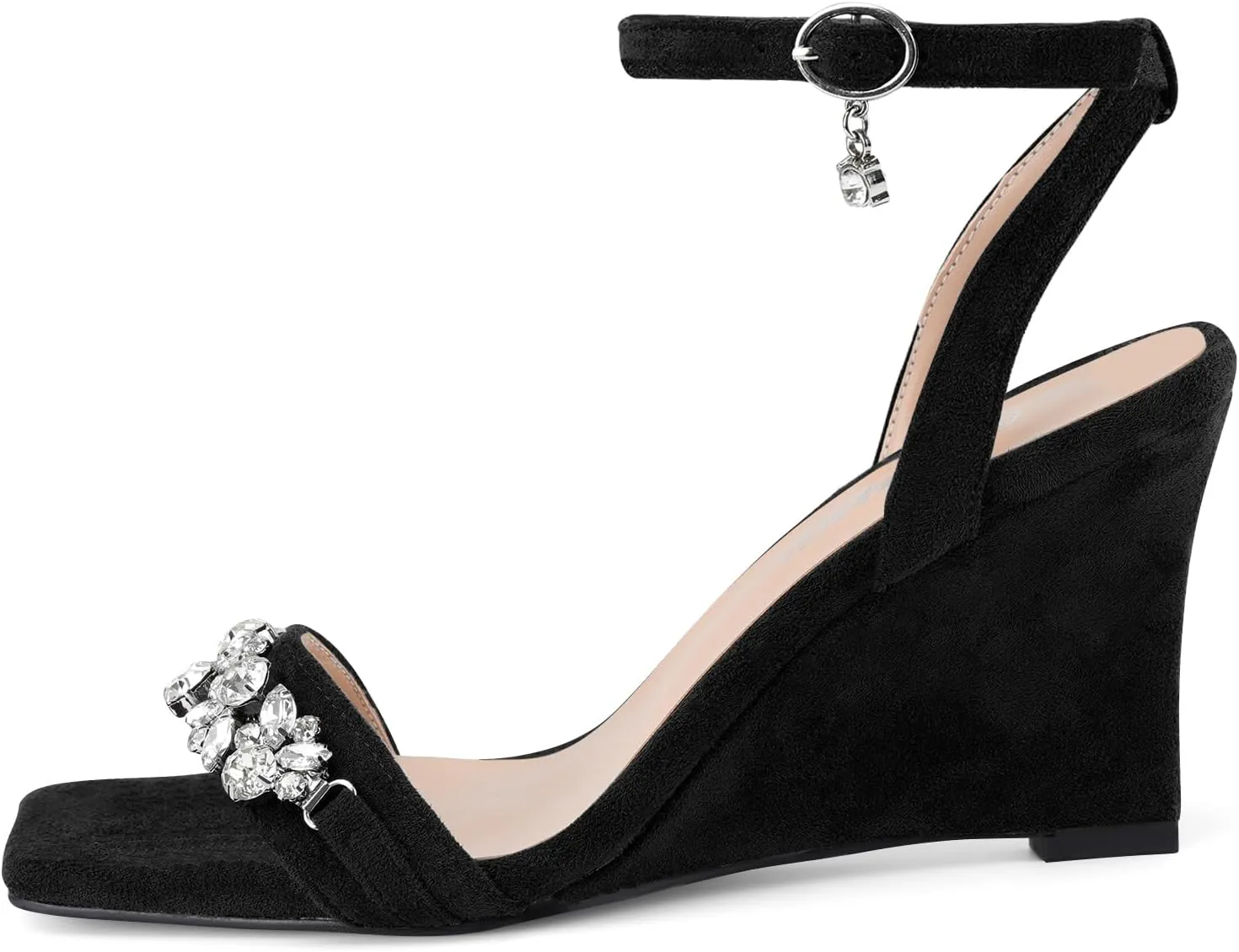 Oh Mispares Wedge Sandals for Women Square Open Toe Rhinestone Suede Dress Shoes Adjustable Strap 3 Inch Heels