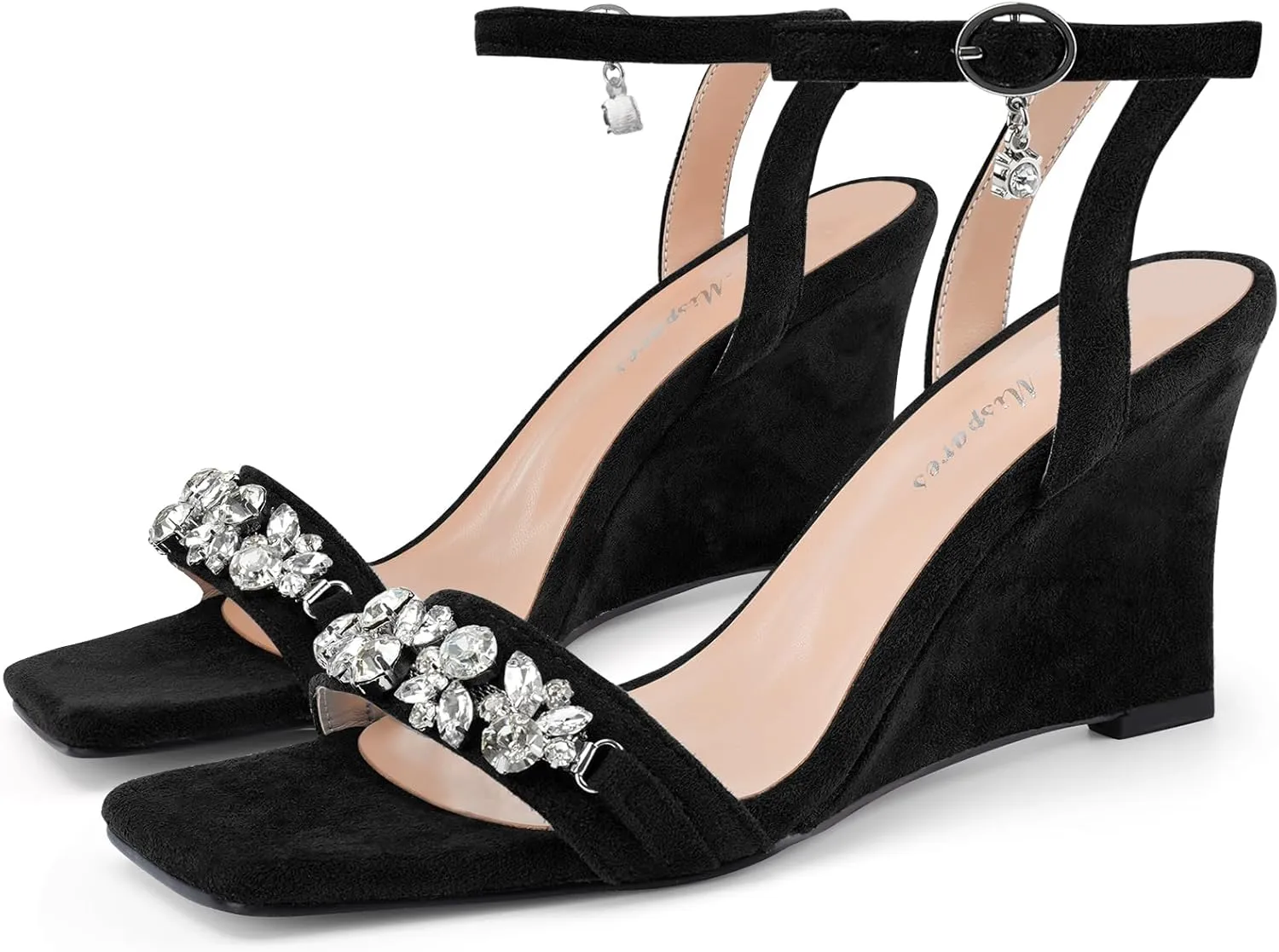 Oh Mispares Wedge Sandals for Women Square Open Toe Rhinestone Suede Dress Shoes Adjustable Strap 3 Inch Heels