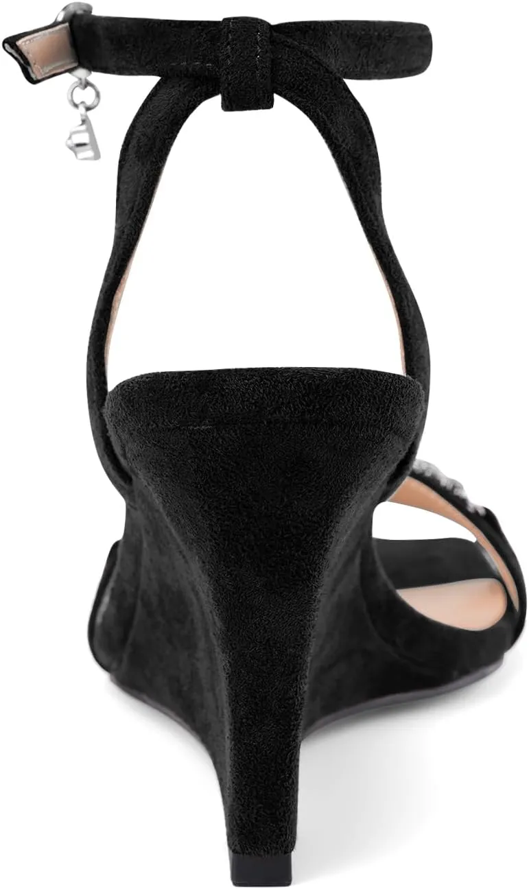 Oh Mispares Wedge Sandals for Women Square Open Toe Rhinestone Suede Dress Shoes Adjustable Strap 3 Inch Heels