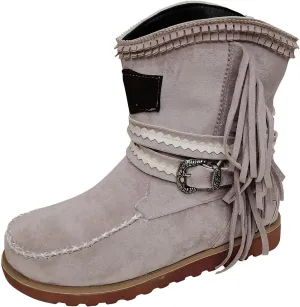 oiangi Fringed Boots Women Ankle Booties - Fashion Suede Round Toe Metal Belt Buckle Platform Flat Short Boots Vintage Casual Outdoor Non-slip Shoes