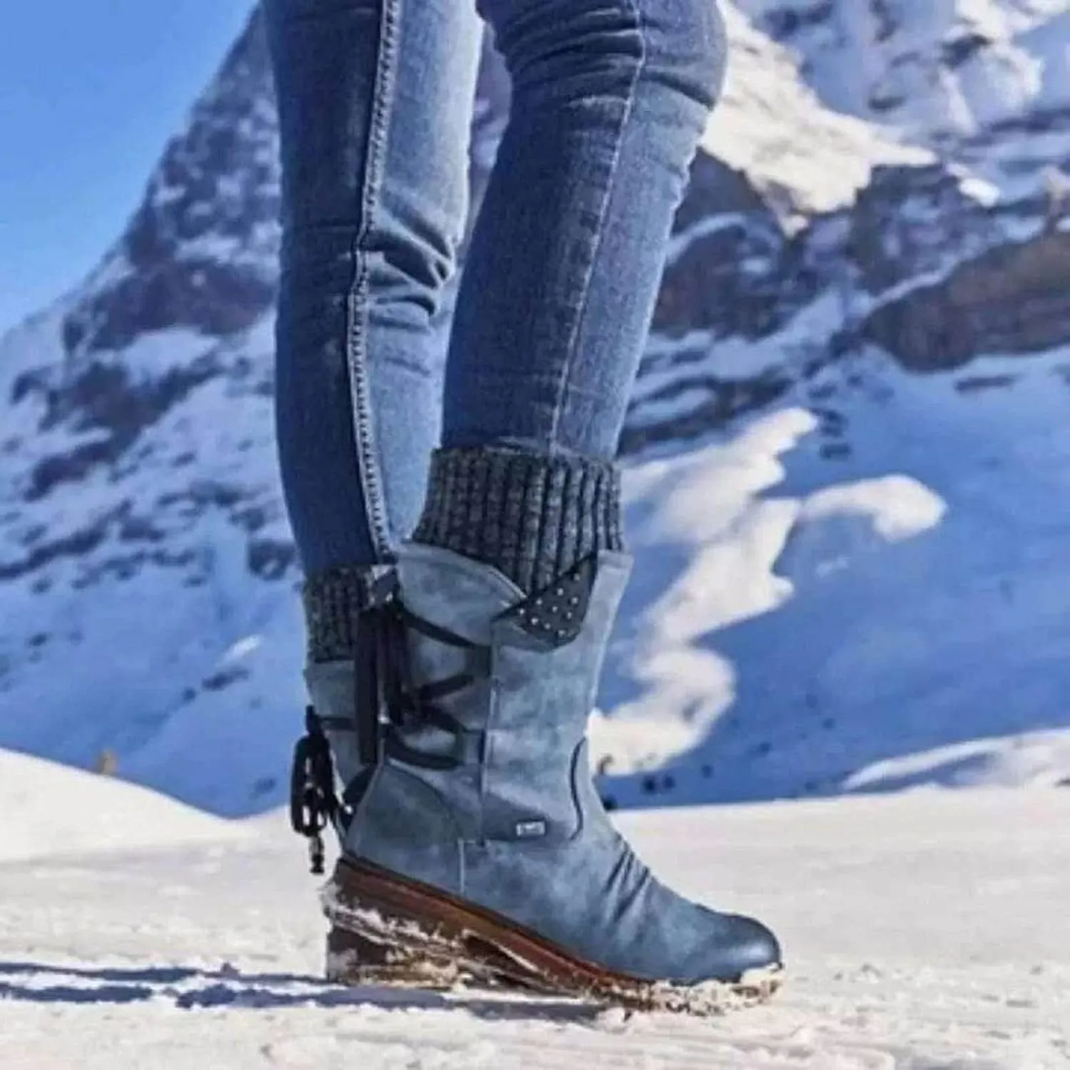 oiangi Womens Mid-calf Snow Boots Fashion Back Strap Woolen Yarn Elastic Round Toe Square Heel Slip-On Boots Winter Outdoor Warm Casual Shoes