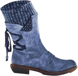 oiangi Womens Mid-calf Snow Boots Fashion Back Strap Woolen Yarn Elastic Round Toe Square Heel Slip-On Boots Winter Outdoor Warm Casual Shoes
