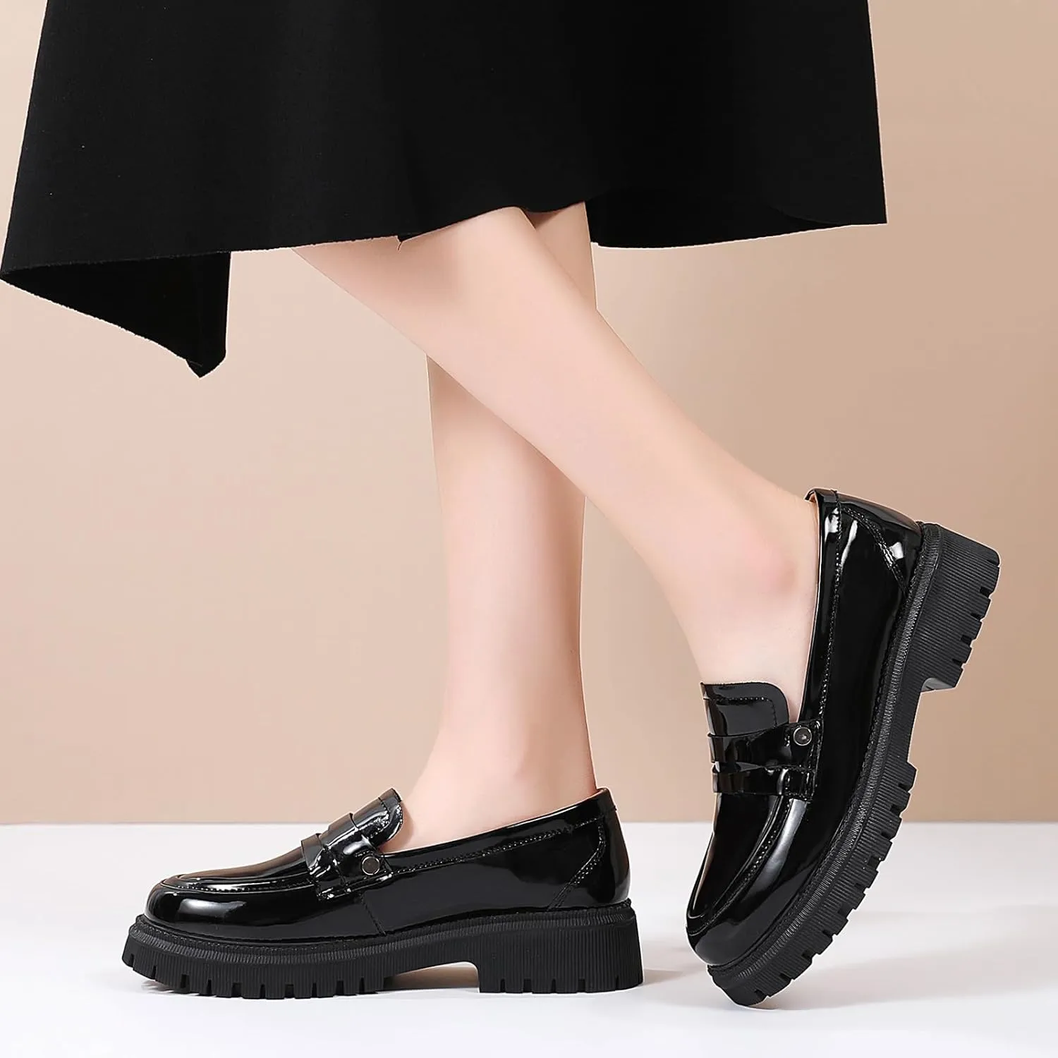 OKJ Loafers for Women Chunky Platfor Black Patent Leather Women's Loafers & Slip-ons Fashion Penny Comfort Business Casual Dressy Office Work Slip on Shoes