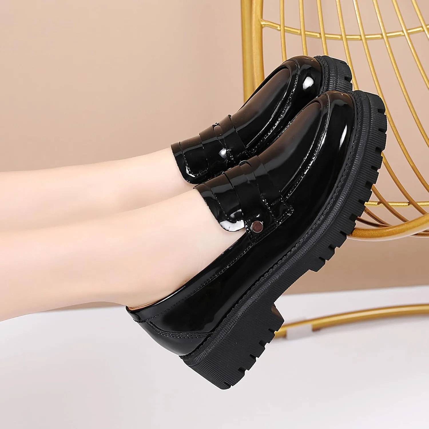 OKJ Loafers for Women Chunky Platfor Black Patent Leather Women's Loafers & Slip-ons Fashion Penny Comfort Business Casual Dressy Office Work Slip on Shoes
