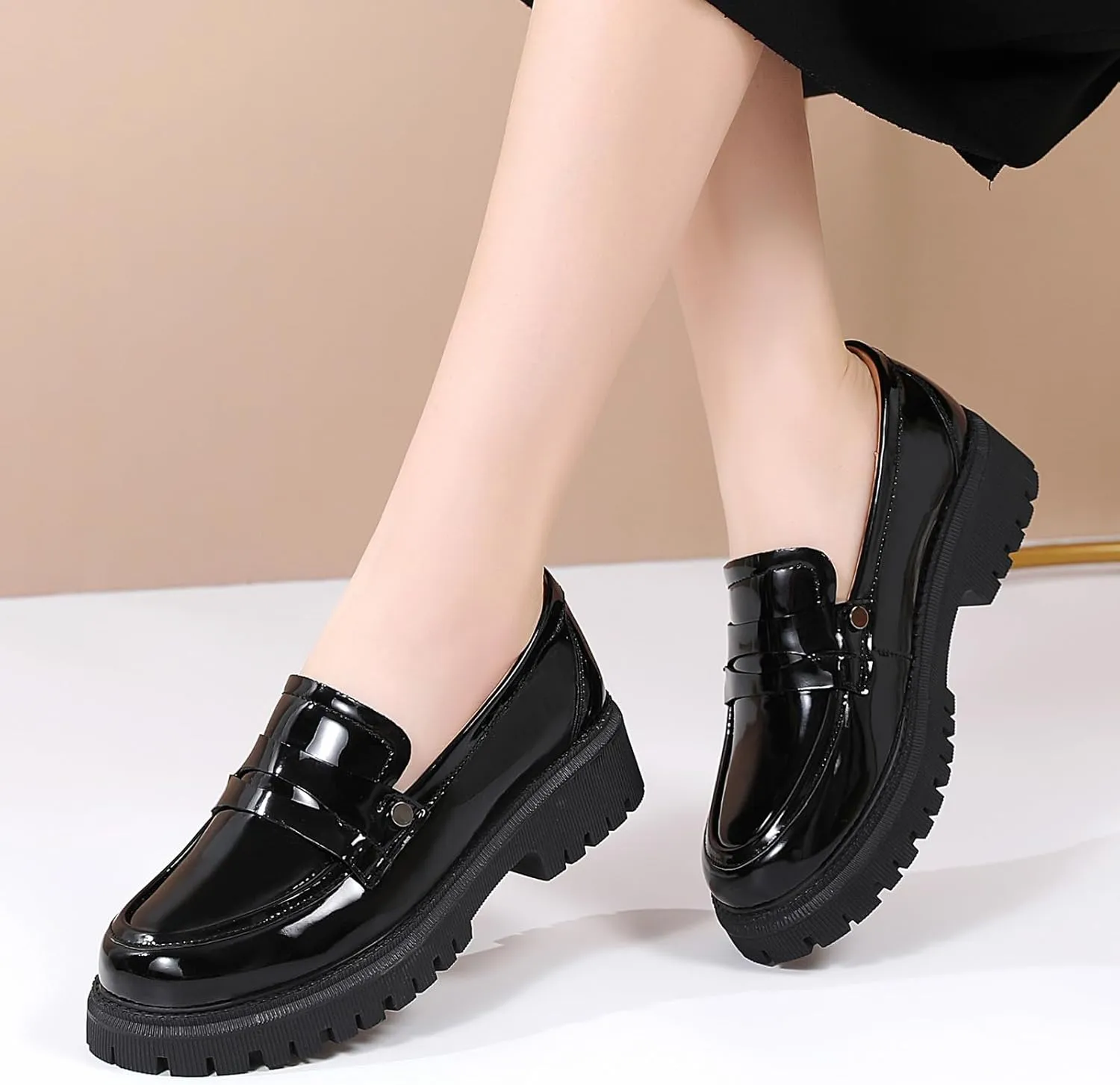 OKJ Loafers for Women Chunky Platfor Black Patent Leather Women's Loafers & Slip-ons Fashion Penny Comfort Business Casual Dressy Office Work Slip on Shoes