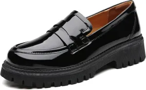 OKJ Loafers for Women Chunky Platfor Black Patent Leather Women's Loafers & Slip-ons Fashion Penny Comfort Business Casual Dressy Office Work Slip on Shoes