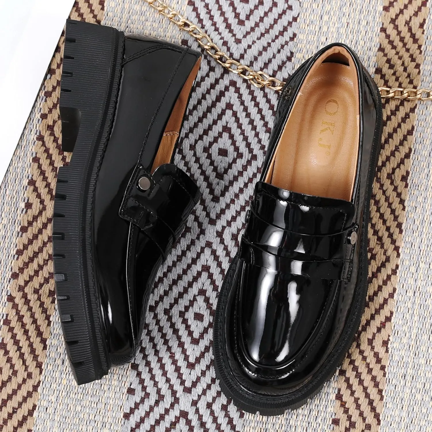 OKJ Loafers for Women Chunky Platfor Black Patent Leather Women's Loafers & Slip-ons Fashion Penny Comfort Business Casual Dressy Office Work Slip on Shoes