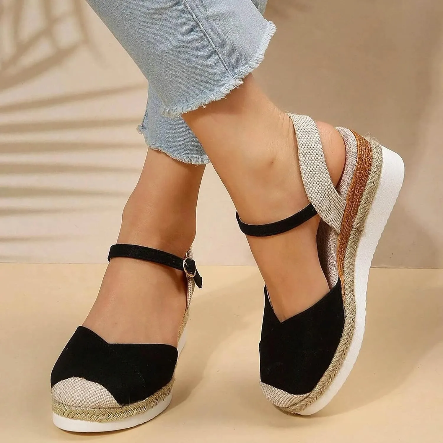 Orthopedic Sandals With Arch Support For Women Wedge 2025 Summer Casual Closed Toe Espadrilles Low Heel Sandals Dressy Comfortable Walking Ankle Strap Wide Width Sandal