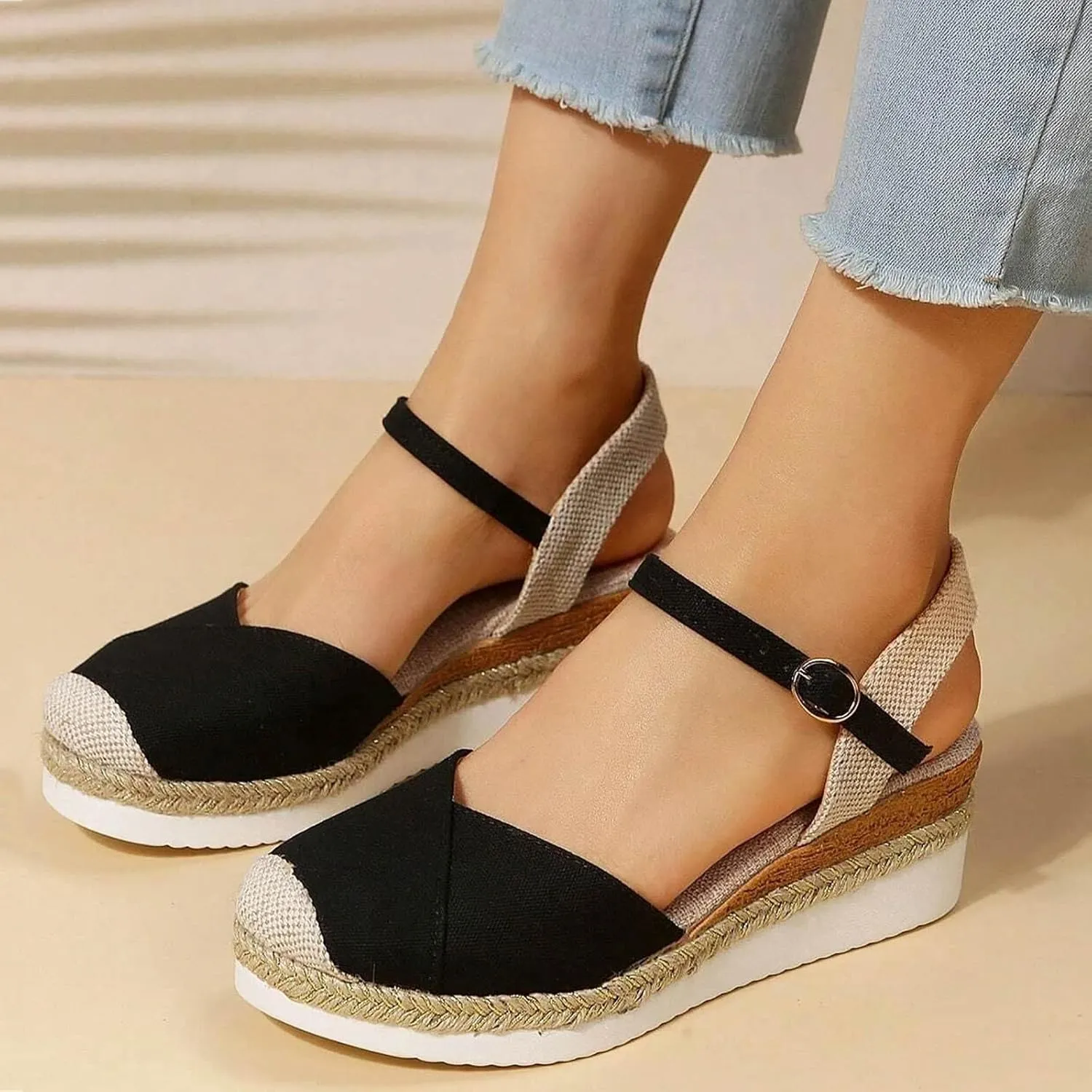 Orthopedic Sandals With Arch Support For Women Wedge 2025 Summer Casual Closed Toe Espadrilles Low Heel Sandals Dressy Comfortable Walking Ankle Strap Wide Width Sandal