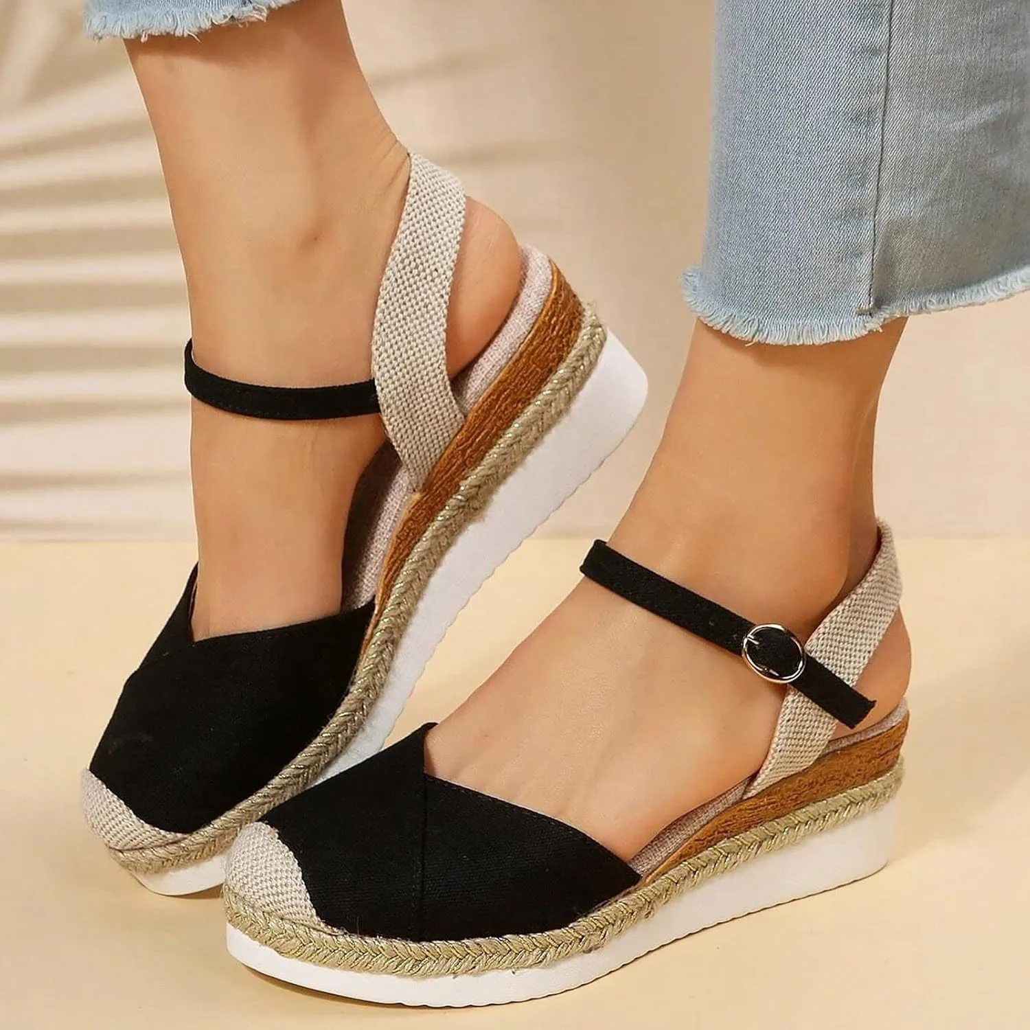 Orthopedic Sandals With Arch Support For Women Wedge 2025 Summer Casual Closed Toe Espadrilles Low Heel Sandals Dressy Comfortable Walking Ankle Strap Wide Width Sandal