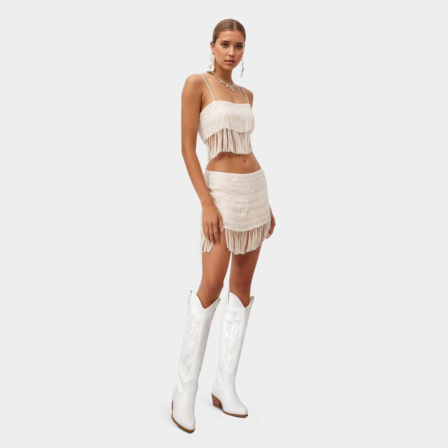 Ouepiano White Cowgirl Boots Women Cowboy Knee High Tall Boots Chunky Heel Pointed Toe Pull-On Western Wide Calf Boats Country Fashion