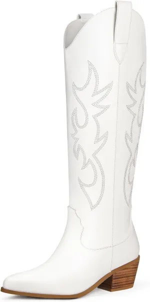 Ouepiano White Cowgirl Boots Women Cowboy Knee High Tall Boots Chunky Heel Pointed Toe Pull-On Western Wide Calf Boats Country Fashion