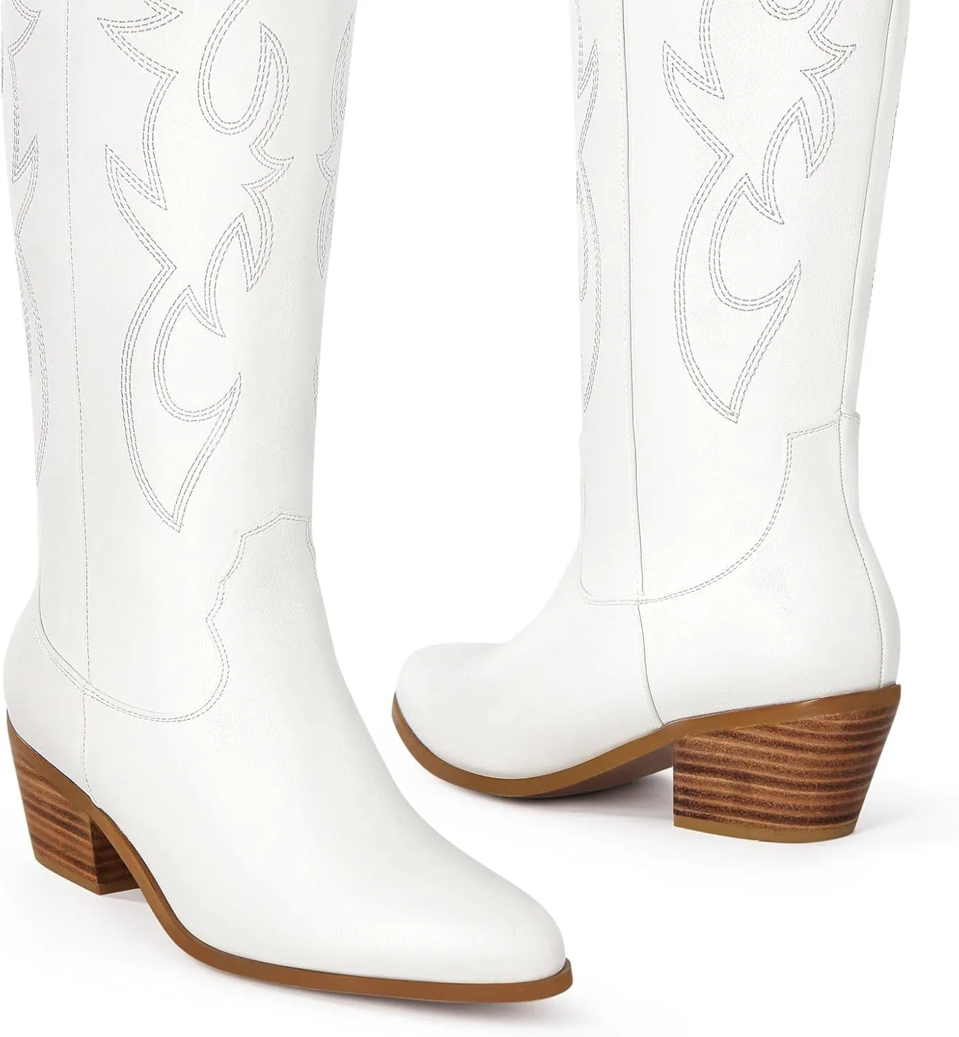 Ouepiano White Cowgirl Boots Women Cowboy Knee High Tall Boots Chunky Heel Pointed Toe Pull-On Western Wide Calf Boats Country Fashion