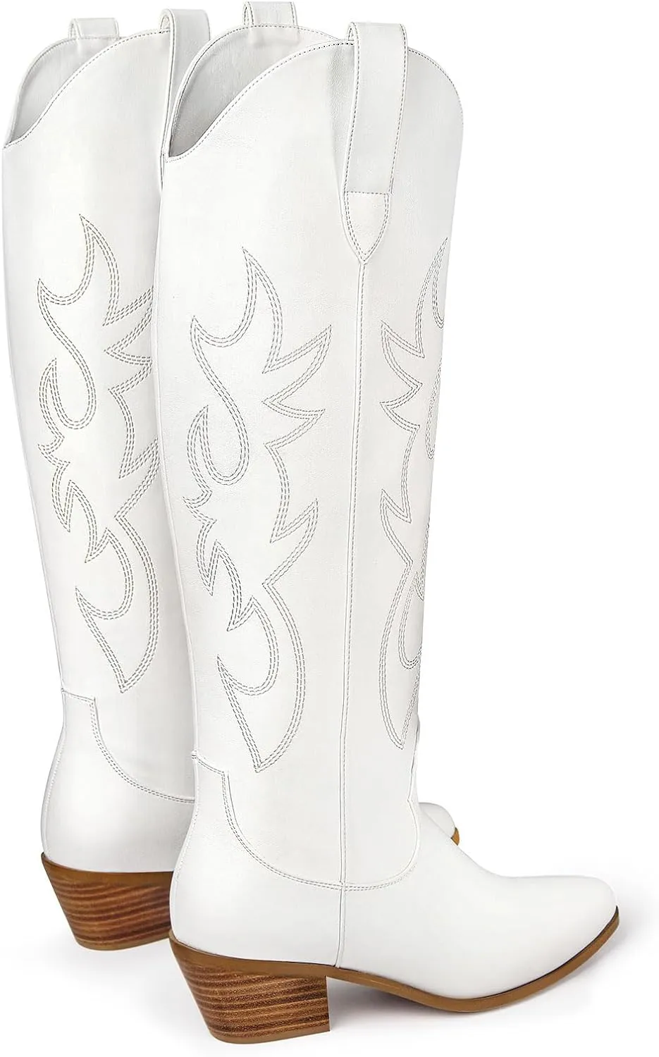 Ouepiano White Cowgirl Boots Women Cowboy Knee High Tall Boots Chunky Heel Pointed Toe Pull-On Western Wide Calf Boats Country Fashion